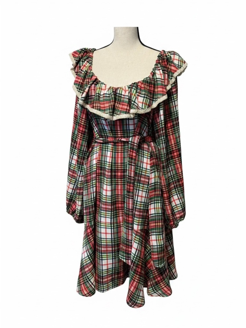 Tartan Long-Sleeve Ruffle Dress - Red Multi